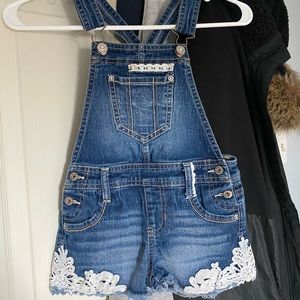Girls overall style shorts with lace trim